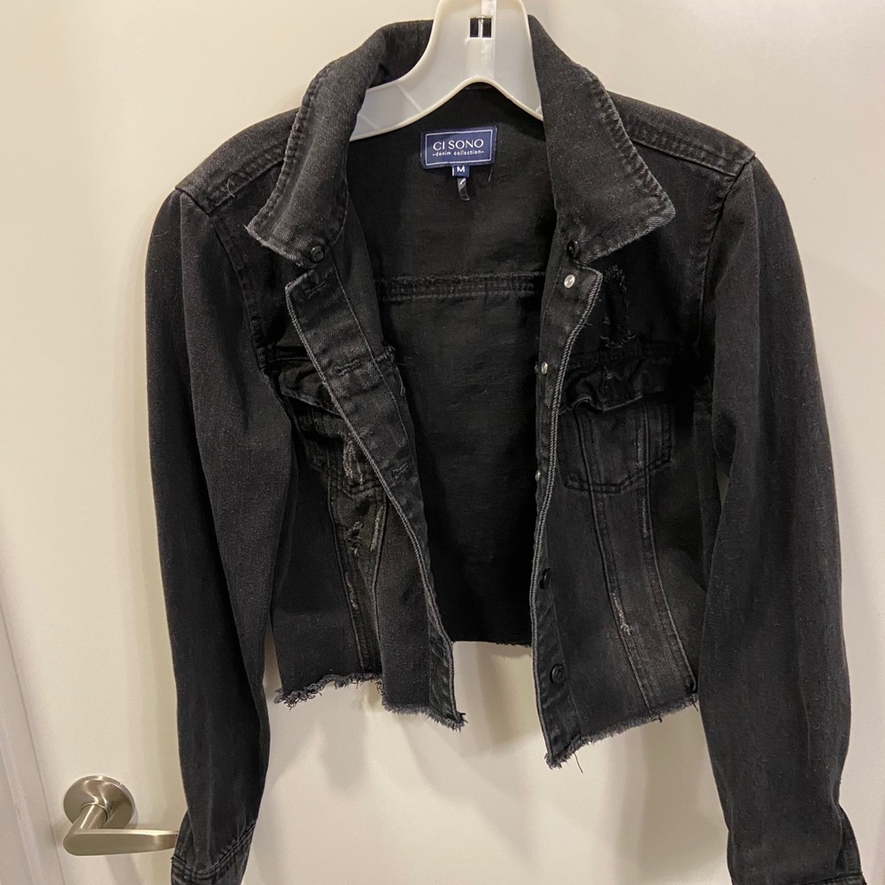 Distressed crop black denim jacket
